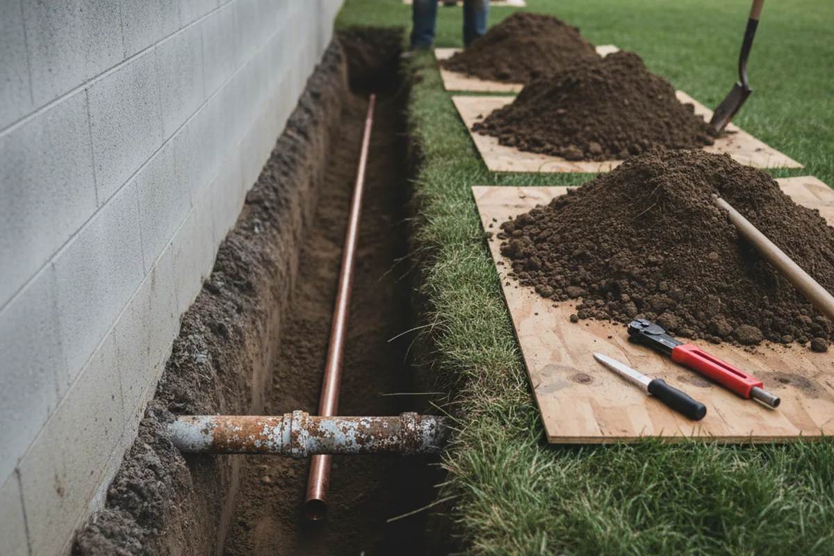Excavated water line trench during Water Heater Repair in Whitinsville
